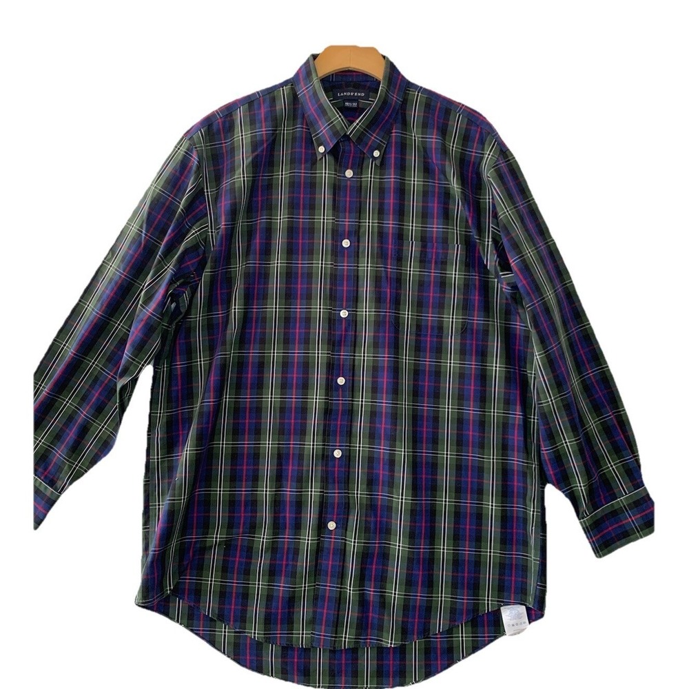 Lands End Mens Plaid Button Down Shirt 16 1/2 32 Blue Green Red Long Sleeve